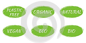 Eco, Organic, Bio, Natural, Plastic free, Vegan icon, logo or label set. Green stickers for healthy food, products and cosmetics.